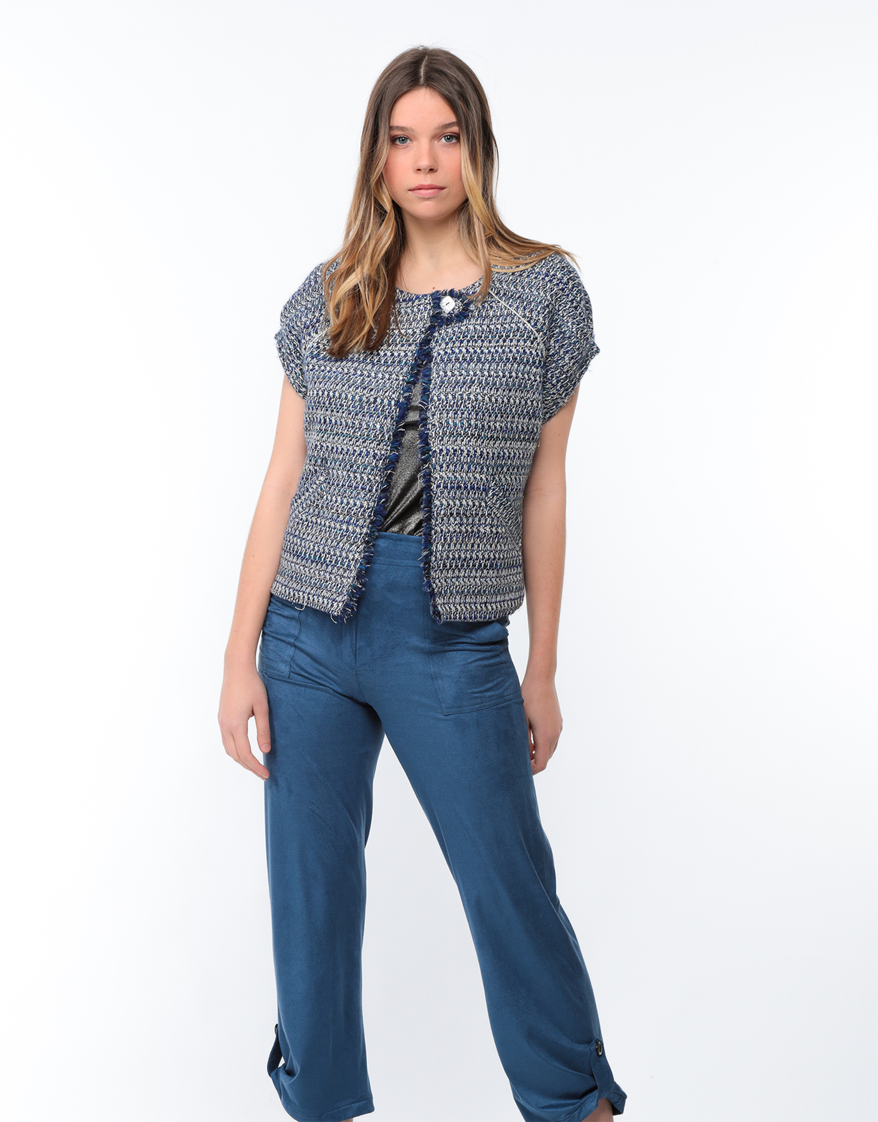 Veste manches courtes en tweed bleu et blanc